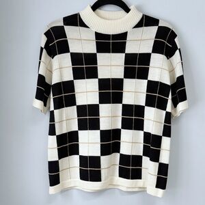 Vintage Jacobson’s Black & Cream Wool Blend Plaid Sweater Petite M Retro Preppy